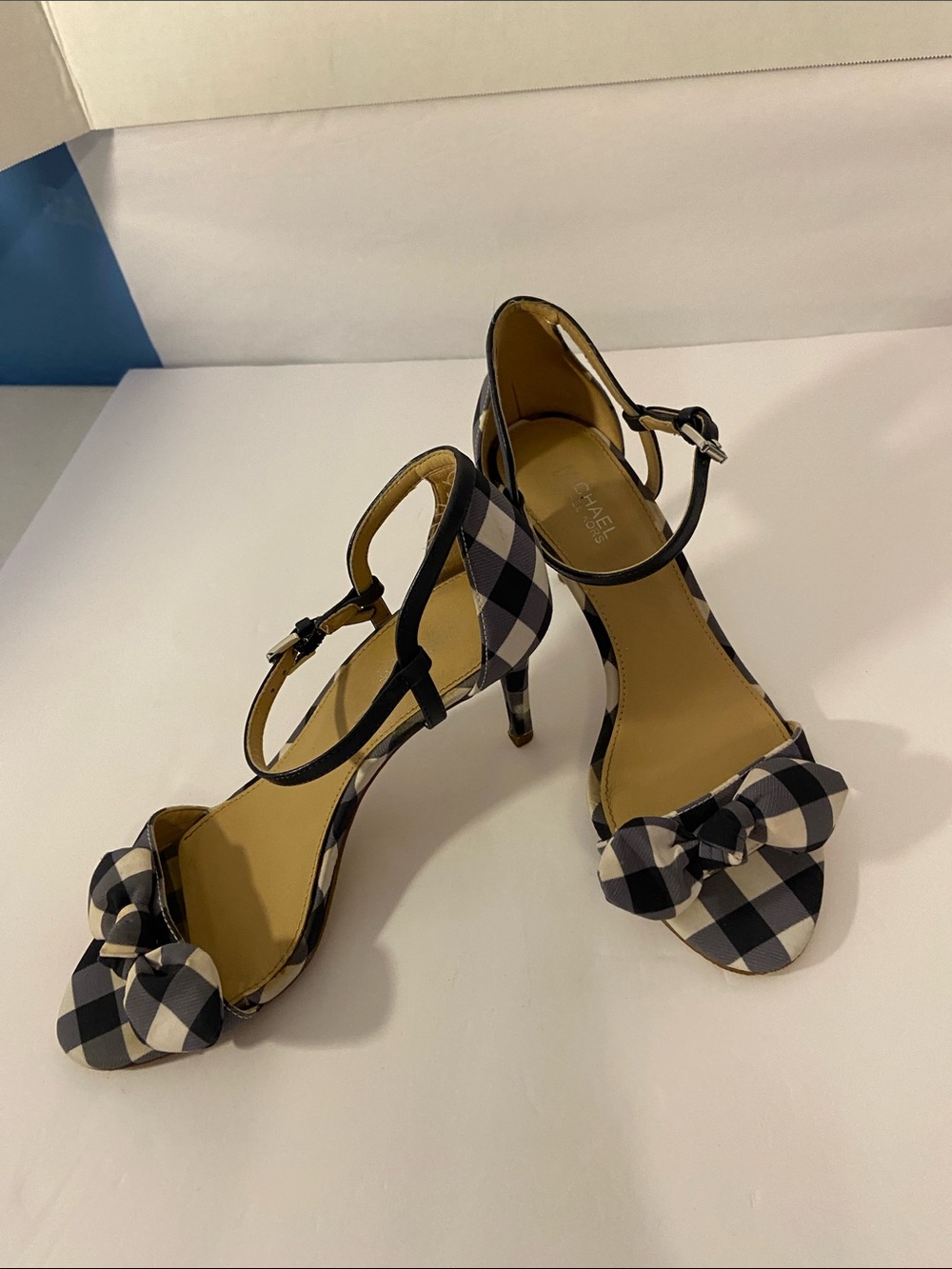 Michael Kors Black & White Gingham Bow Ankle-Strap Heels
